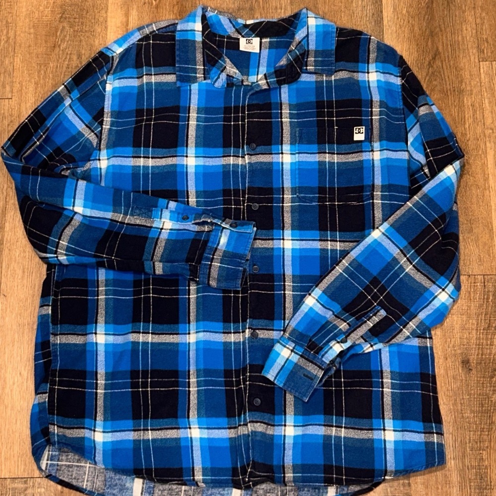 DC Shoes Southbound Plaid Flannel Shirt Mens XL Blue Black Skate Streetwear